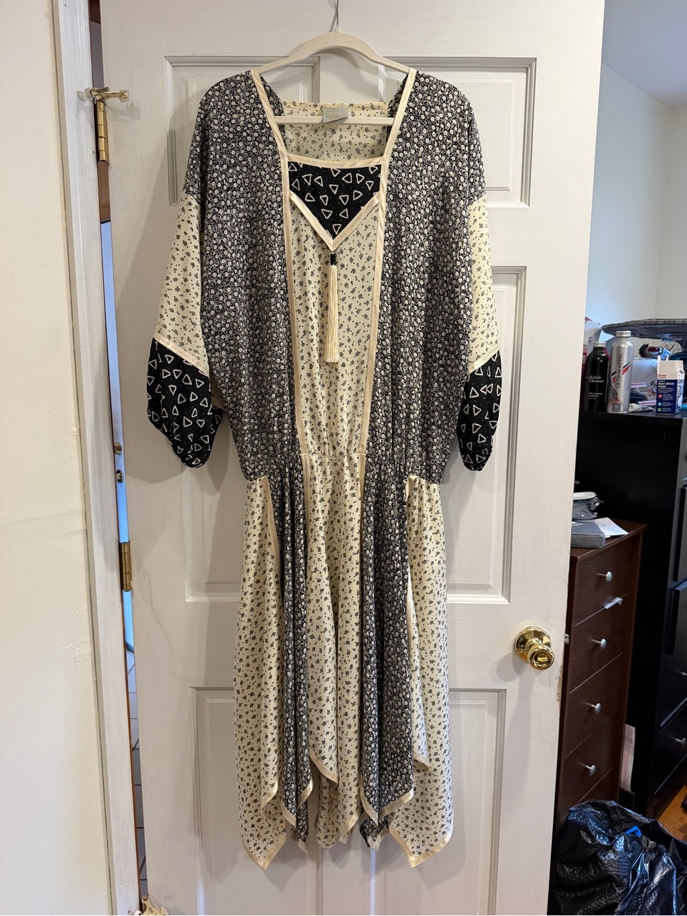Boho Asymmetrical Patchwork Midi Dress in Cream & Black